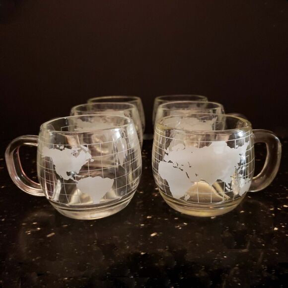 Nestle Nescafe Coffee Cup Mugs World Map Globe Clear Etched Glass Vintage set 6 - Picture 2 of 15
